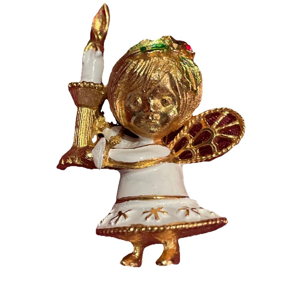 Vintage Signed COREL Brooch Christmas Angel with Candle Figural Brooch Pin 2.25”